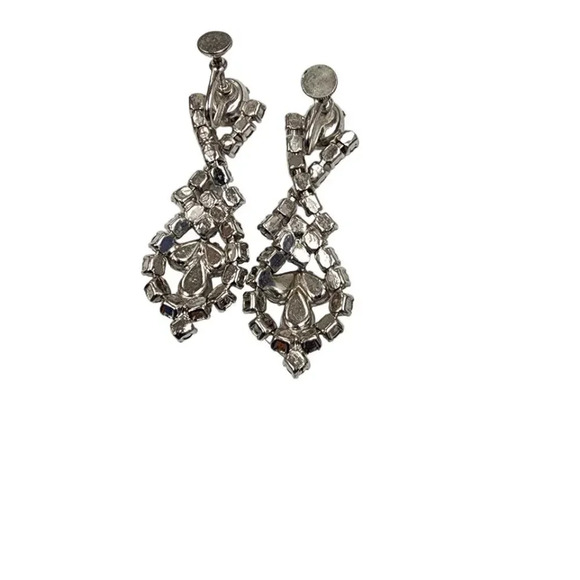 Vintage 60s-70s Crystal Statement Dangle Drop Earrings Silver Tone Post Back - Picture 2 of 2